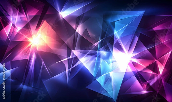 Fototapeta Abstract vibrant digital art featuring glowing geometric shapes, dynamic polygonal forms in shades of pink, purple, and blue, creating a futuristic, energetic background.