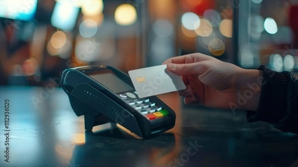 Fototapeta A hand holds a credit card near a POS terminal for a contactless payment. The scene is set at night with a blurred background of lights.