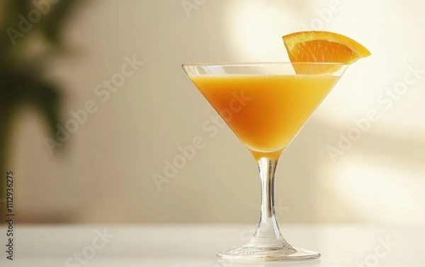Fototapeta Glass of Orange Juice A glass of freshly squeezed orange juice with pulp visible, topped with a small orange wedge on the rim, on a clean white background.
