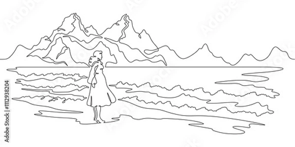 Fototapeta Continuous one line drawing woman standing on the seashore. Waiting by the sea. Sea landscape.One continuous line isolated minimal illustration.Not AI.