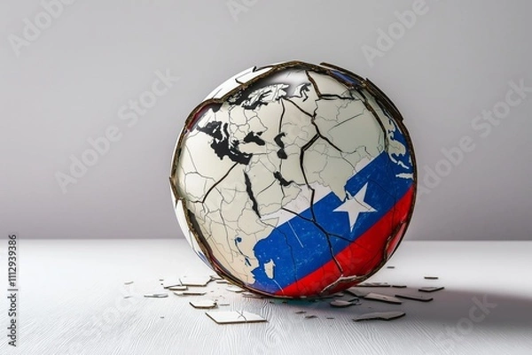 Fototapeta Shattered globe reveals conflict with US and Russia flags against a smooth white backdrop