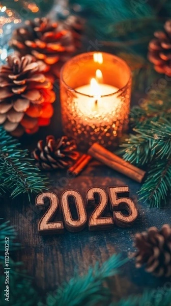 Fototapeta Cozy rustic decoration featuring 2025 with pine cones, cinnamon, and candles for New Year celebration