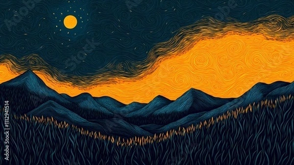 Obraz Mystical mountain illustration blending pyrography textures and digital art techniques, creating a serene and atmospheric landscape with artistic depth.