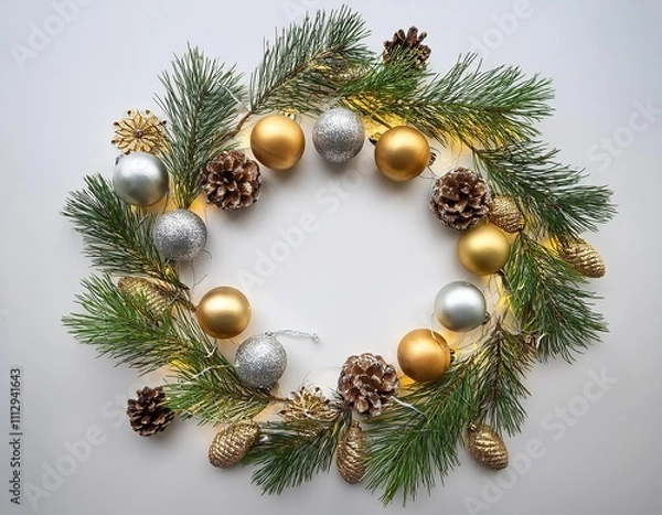 Fototapeta Christmas wreath with pine cones and gold and silver balls. The pine cones are on the left and the balls are on the right