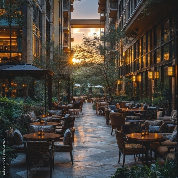 Fototapeta A serene outdoor seating area with tables and chairs, illuminated by sunset.