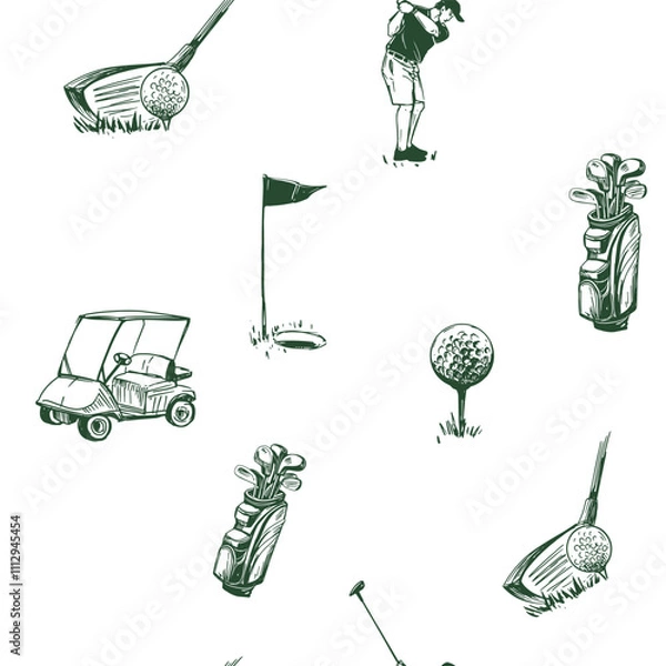 Fototapeta Golf sketch seamless pattern. Sports tools vector illustration. Hand drawn vintage style, isolated