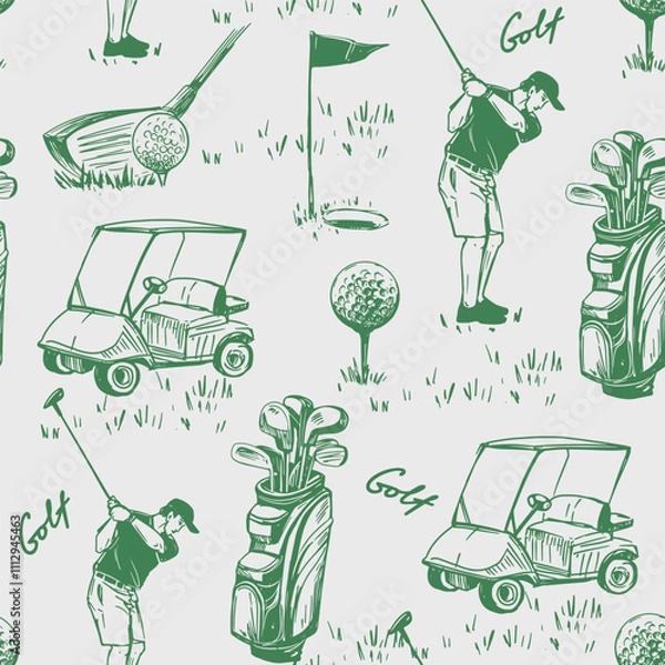Obraz Golf sketch seamless pattern. Sports tools vector illustration. Hand drawn vintage style, isolated