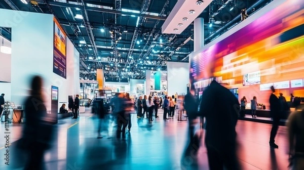 Fototapeta A vibrant trade event showcases sleek booths and diverse attendees engaged in dynamic discussions.