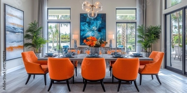 Fototapeta Bright and modern dining room interior with vibrant orange chairs and a captivating blue artwork creating a striking contrast in a well-lit space.