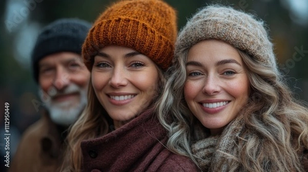 Fototapeta A joyful gathering of three warmly dressed individuals smiling together in an outdoor setting during a pleasant autumn day with trees in the background