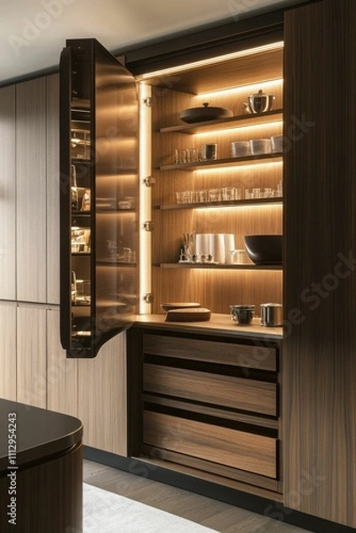 Fototapeta Modern kitchen pantry; wood cabinets, glass shelves, interior lighting.