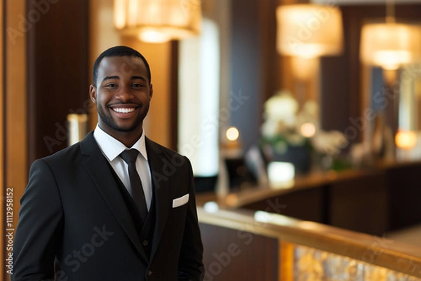 Obraz A friendly hotel receptionist greets guests with a warm smile in a sophisticated lobby, embodying hospitality and a welcoming atmosphere.