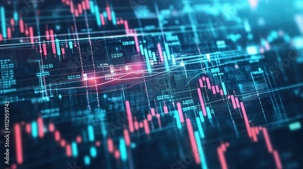 Fototapeta Abstract financial graph showing candlestick and bar charts for stock market analysis on a financial background