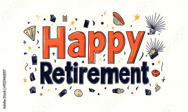 Fototapeta Happy Retirement! Festive typographic design with confetti and celebratory doodles. Perfect for cards, banners, and social media.
