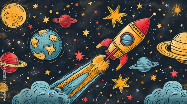 Obraz Spaceship Solar System Illustration. Rocket flying through space with planets and stars.