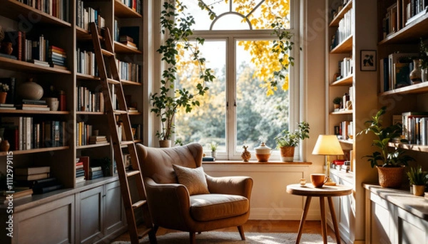Fototapeta Cozy reading nook with bookshelves, natural light, and a comfy armchair.