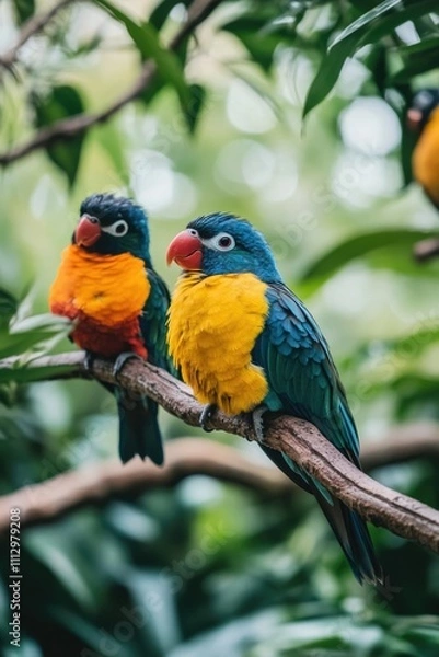 Fototapeta Two birds sitting on a tree branch with bright plumage