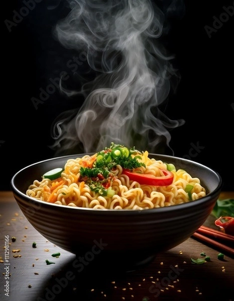 Fototapeta Hot instant noodles with vibrant vegetables steaming in a bowl at a cozy setting. Generative AI