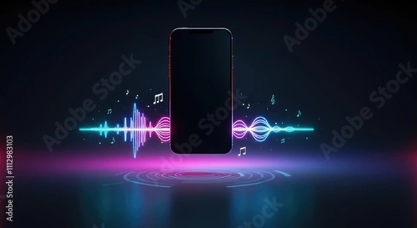 Fototapeta Smartphone with glowing soundwave and music notes, depicting audio concepts