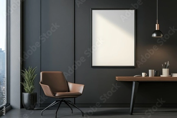 Fototapeta Modern interior workspace with a minimalist design featuring a chair and a wall frame