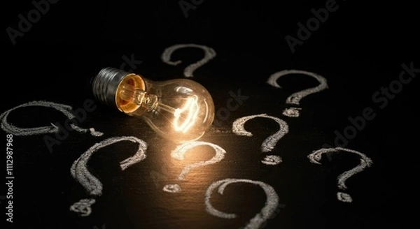 Fototapeta Illuminated light bulb surrounded by chalk question marks on dark surface, symbolizing ideas and questions