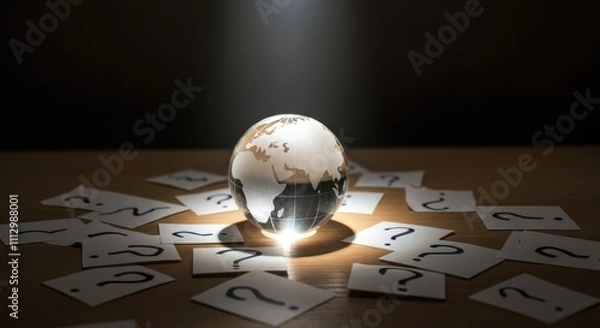 Fototapeta Globe illuminated in dark, surrounded by question mark cards