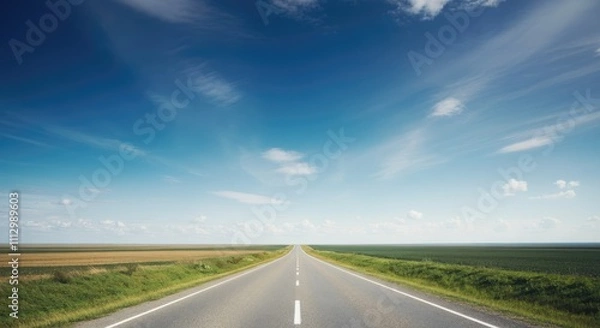 Fototapeta Long, empty road stretches under clear blue sky