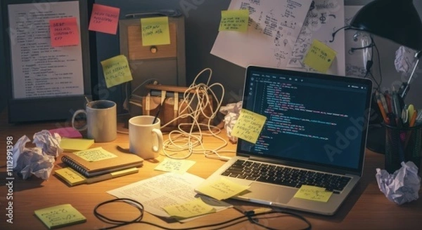 Obraz Cluttered workspace with laptop displaying code, sticky notes, papers, and cups