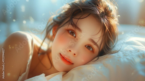 Obraz Smiling pretty lady waking up in early morning after sleep.