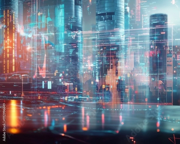 Fototapeta Futuristic cityscape with glowing digital data visualizations and holographic elements in vibrant colors.