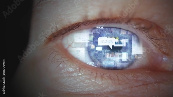 Obraz Young man's eye with graphic of social media icons. Addiction and health issue problem using modern technology