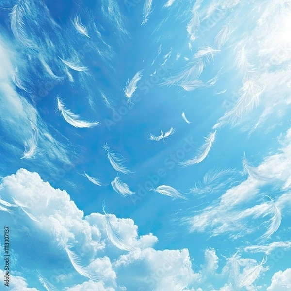 Fototapeta White Feathers Drifting on a Sunny Sky with Fluffy Clouds