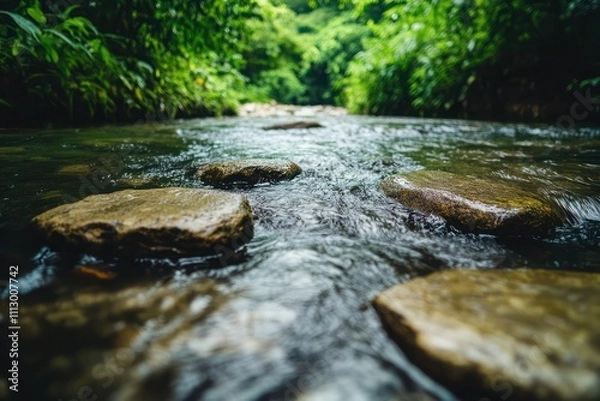 Fototapeta Crystal-clear river running over smooth stones, surrounded by dense greenery, viewed from ground level at a close angle.
