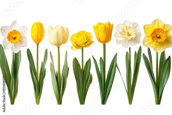 Fototapeta Arrangement of yellow flowers on an isolated white background