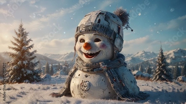 Fototapeta Winter holiday banner - Close-up of a laughing snowman in a wool hat and scarf, on a snowy landscape with bokeh lights and sunlight