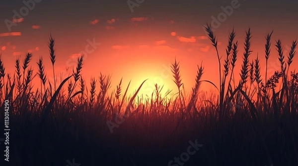 Fototapeta A serene sunset over a field of wheat, highlighting nature's beauty and tranquility.