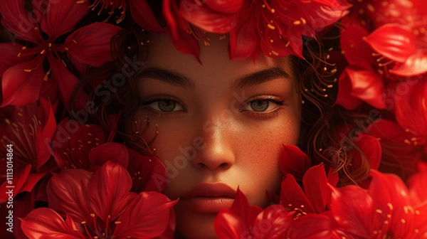 Obraz Close-up portrait of a girl in spring flowers. red blooming flowers.