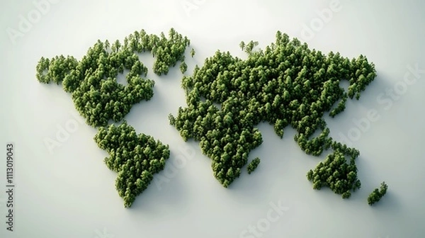 Fototapeta A global map of the world made out of trees, angled view, on white background