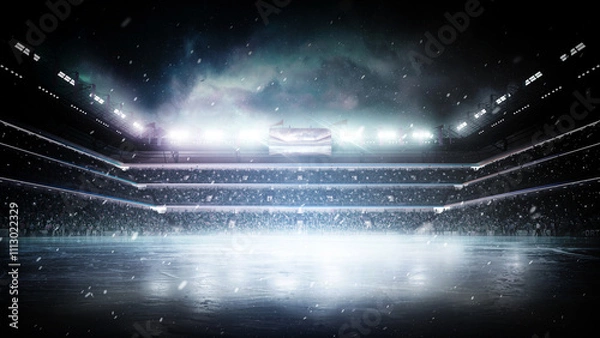 Fototapeta Ice stadium background. Dark beautiful empty winter background and empty ice rink with lights. Spotlights shines on the rink. Night lighting with spotlights. Panorama