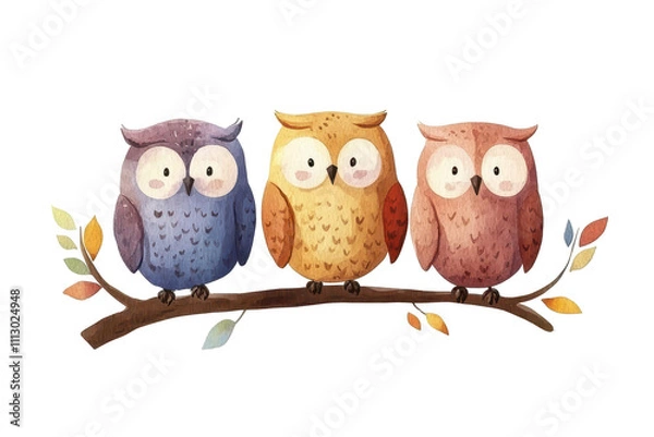Fototapeta Hand drawing three owls on a branch, their eyes are focused on all the sounds of the night coming from the forest