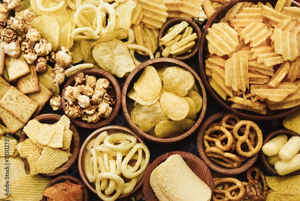 Fototapeta Colorful mix of salty snacks for beer varieties: chips and pretzels, onion rings and crackers. Non-healthy junk food background