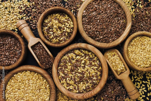 Fototapeta Colorful mix of various flaxseeds: golden flax and brown linseed; vegan food background