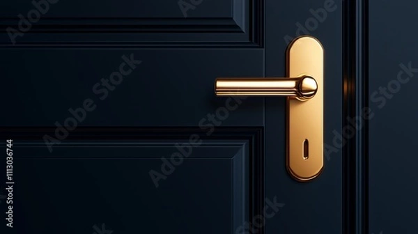 Fototapeta classic black door, detailed gold handle, soft glow, mysterious atmosphere with copy space, isolated on white background