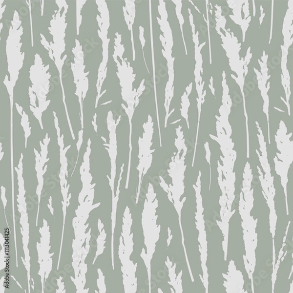 Fototapeta Pampas grass on green seamless pattern. Herbs background for postcards, wallpaper, wrapping paper.