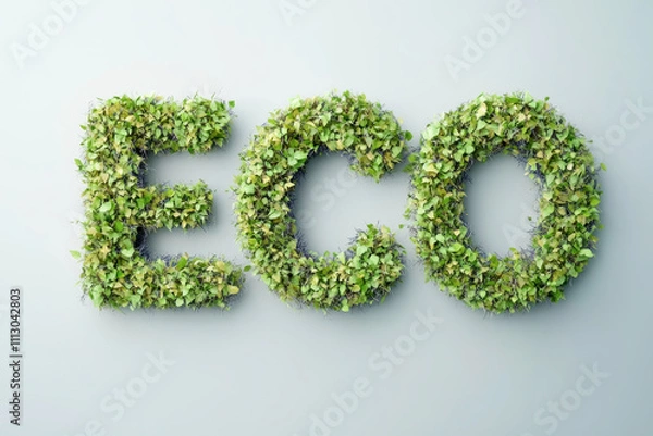 Obraz Fluffy green leaves form the word ECO in an artistic display against a minimalist white backdrop, showcasing nature's beauty and environmental awareness in a modern perspective