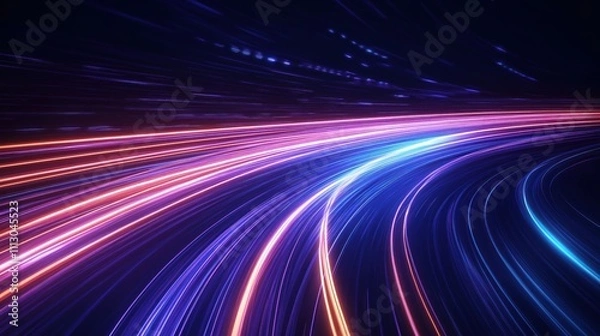 Fototapeta Abstract tech illustration shows fast moving light trails in curves. Bright glowing lines blend in vibrant colors like pink blue, purple. Dynamic tech concept for futuristic background design.