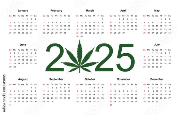 Fototapeta Marijuana calendar for 2025. Medical Cannabis. Simple Vector Template. Isolated vector illustration on white background.