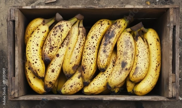 Fototapeta A crate full of ripe, spotted bananas ready for consumption.