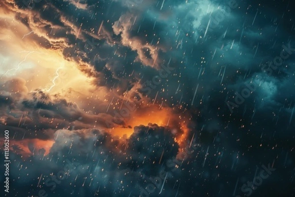 Fototapeta Dramatic stormy skies with dark clouds, flashes of lightning, and heavy rain The vibrant orange and blue hues create a striking contrast, evoking a sense of nature s power