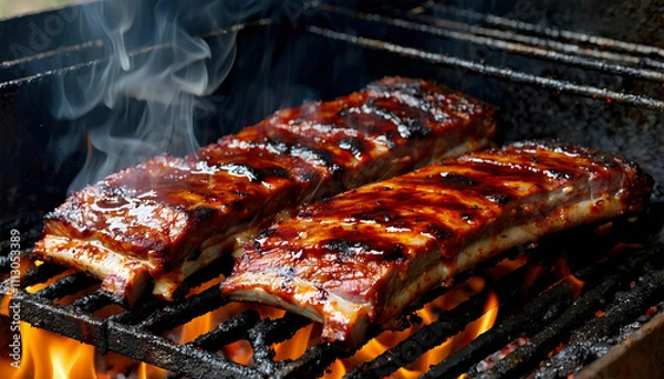 Fototapeta Three slabs of barbecue ribs cooking on a grill, covered in a dark, sticky sauce. The ribs have a ch